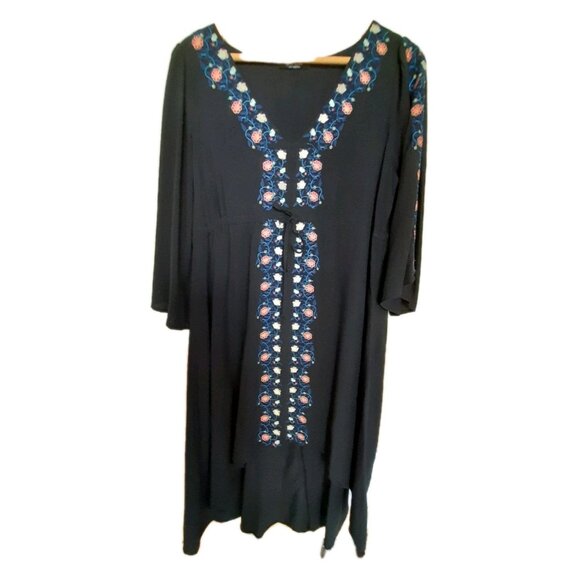 Womens Boho Embroidered Asymmetrical Hi Lo Flared Sleeve Medium Dress Black - Picture 4 of 10